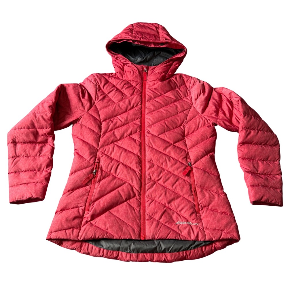 Eddie Bauer Womens PS Red Hooded Puffer Jacket Chevron Quilted Coat WORN POCKETS